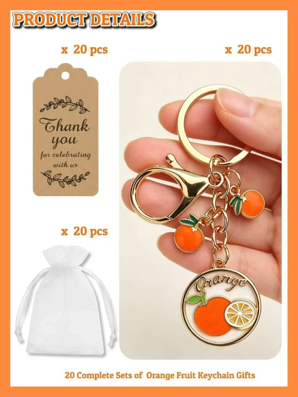 20 Orange Fruit Keychains with Thank You Cards & Gift Bags - Perfect for